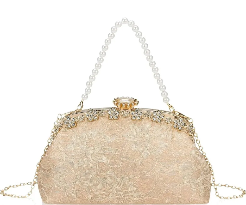 ⚡ Women's Gold Fabric Lace Pearl Chain Rhinestones Shoulder Clutch Bag - Image 1