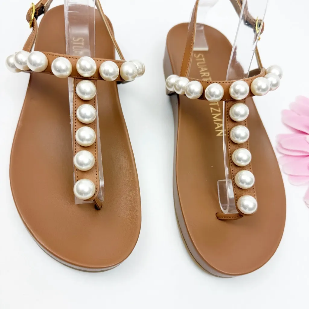 Stuart Weitzman Women’s Goldie Pearl Demi Wedge Thong T-Strap Sandals Tan White - Image 6
