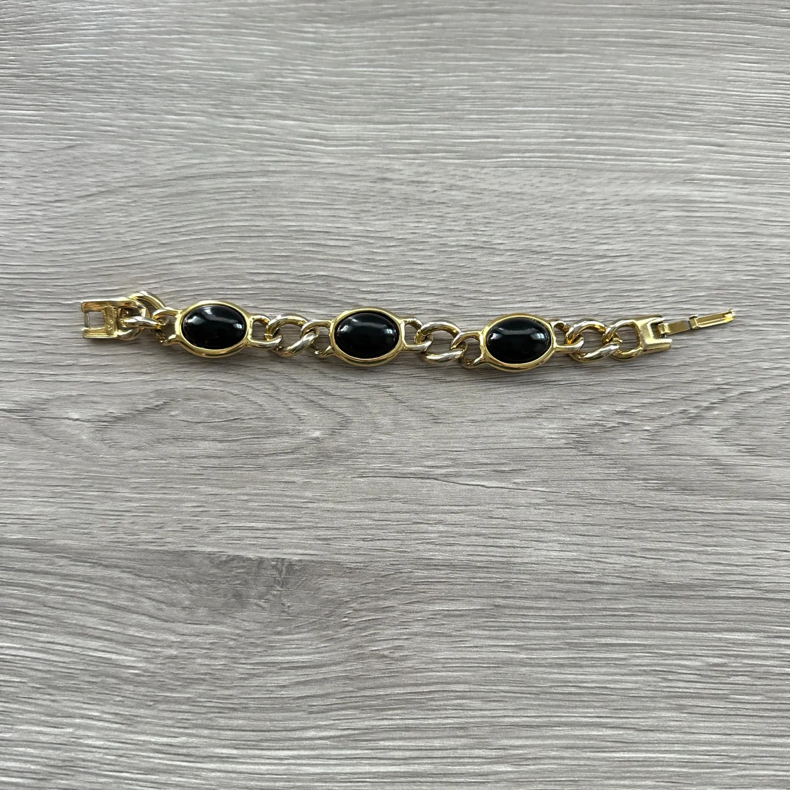 Gold Tone Link Bracelet Black Stones Rounded Ovals c 1950s Jewelry Cabochon - Image 2
