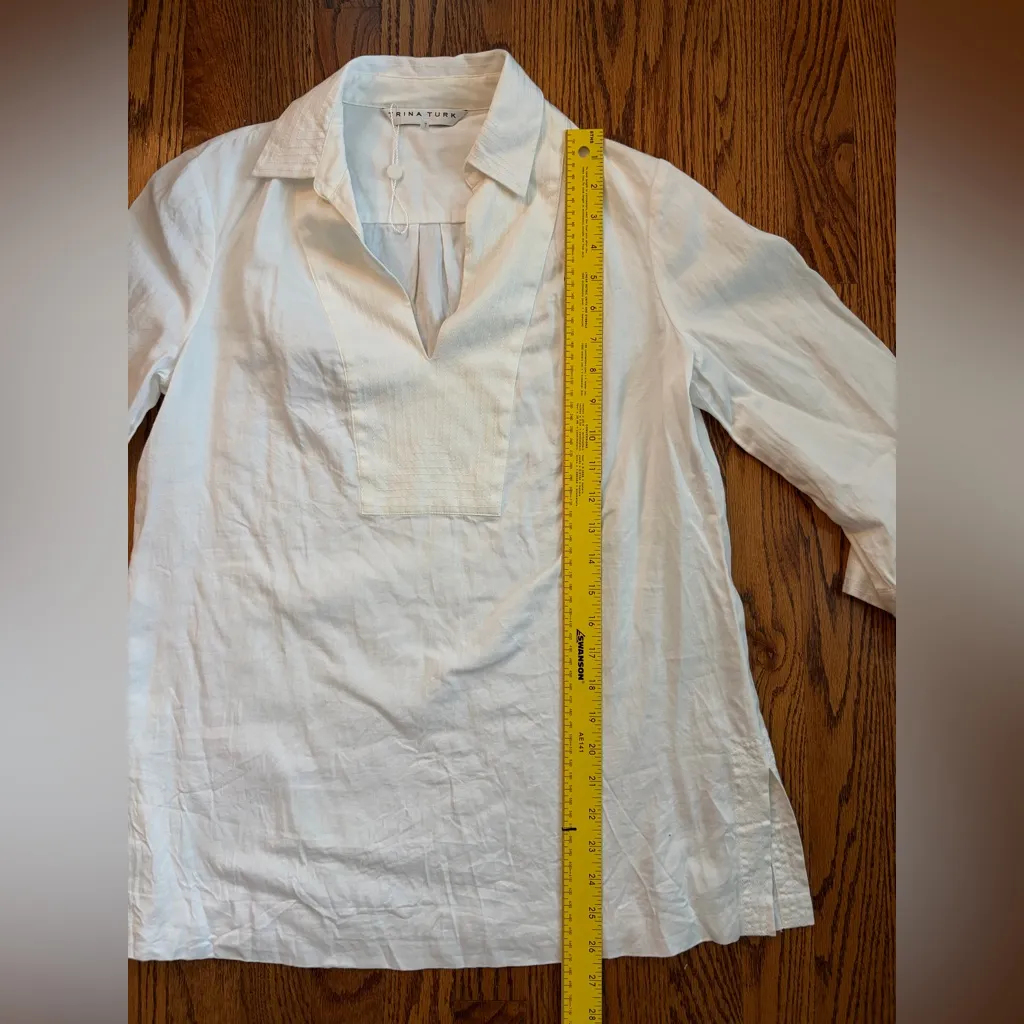 Trina Turk Isle White Cotton 3/4 Sleeve Tunic Blouse Size M | NWOT | Split Neck - Image 8