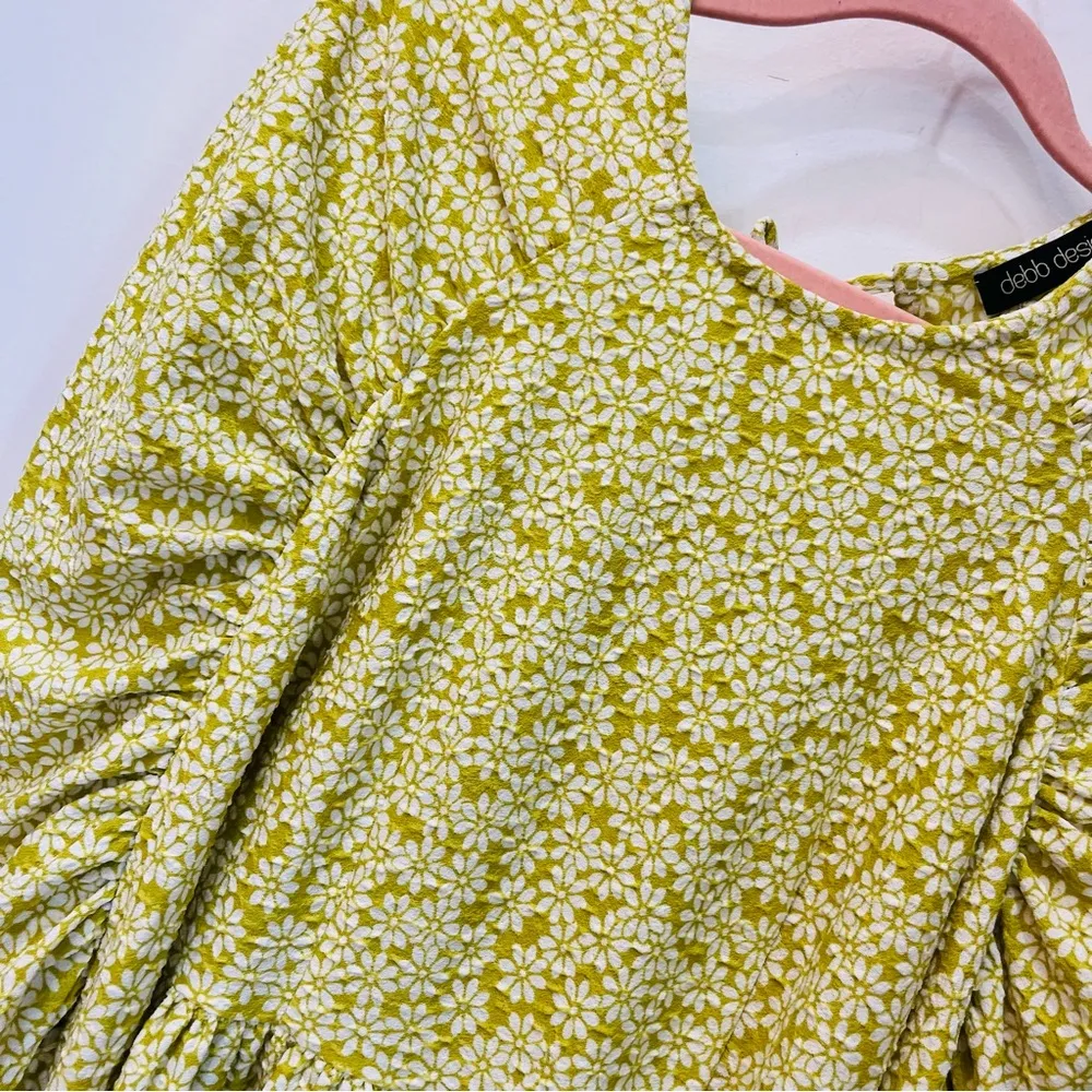 debb design boutique lime green white flowers puff sleeve blouse tie back Medium - Image 7