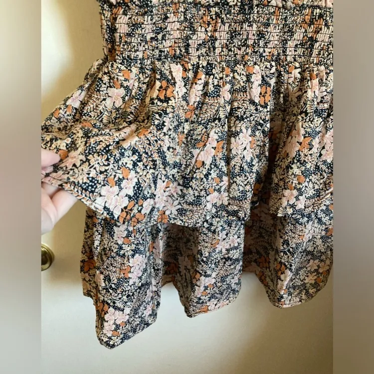 American Eagle Tan Floral Garden Party Linen Blend Tiered Mini Boho Dress #Pk - Image 8