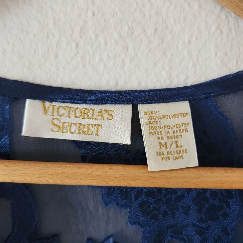 Vintage Victoria’s Secret Nightgown Coverup Floral Lace Dark Blue Dainty Sheer - Image 3