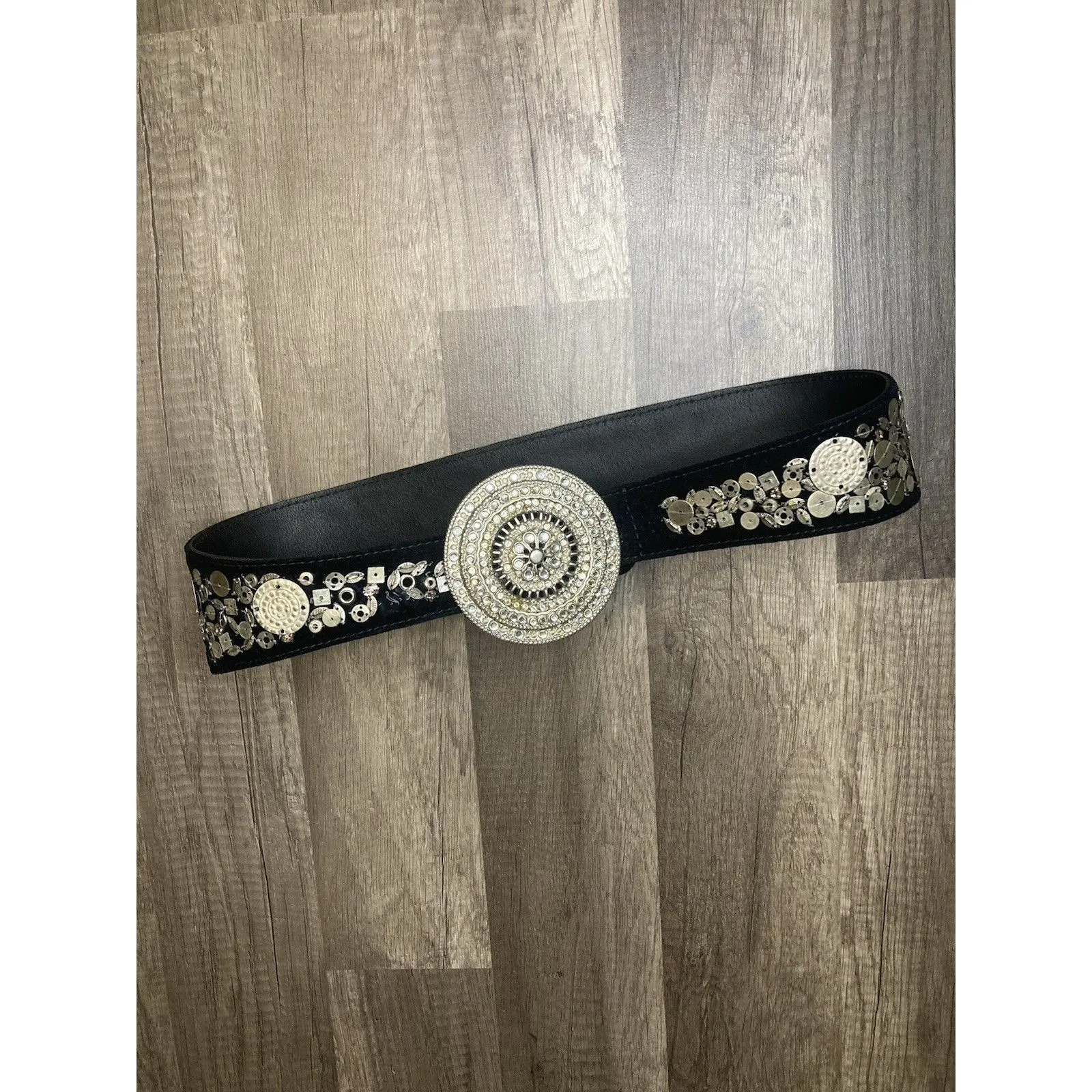 Vintage Chico's Belt S Black Chunky Embellished Suede Leather Boho Southwestern - Image 6