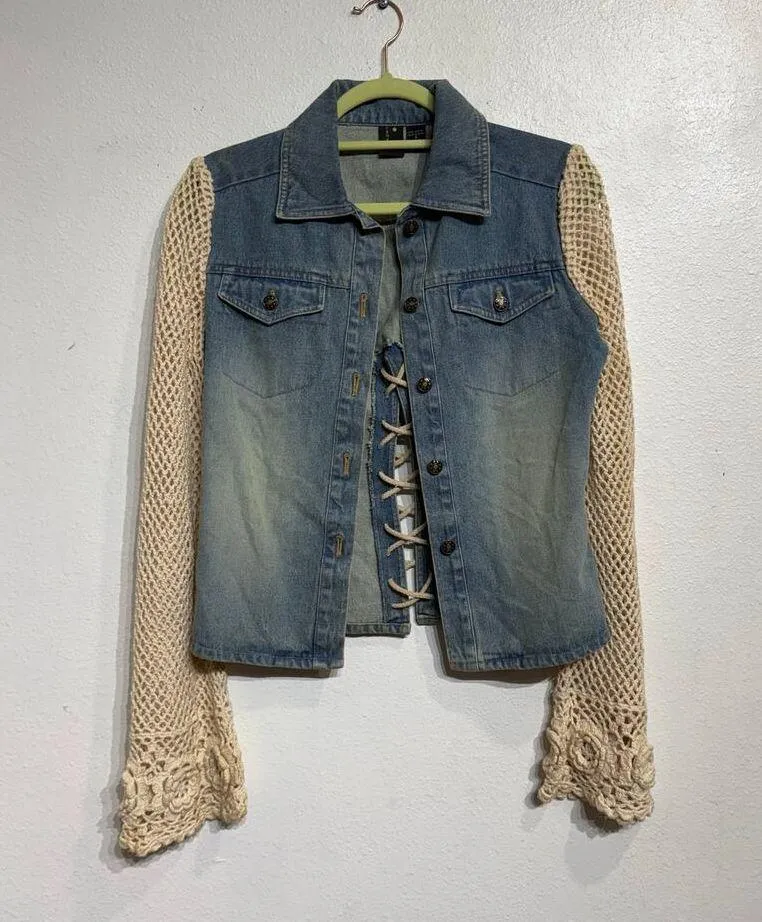 Cama Sol Denim Crochet Sleeve Vintage Jacket Sz S Blue - Image 2