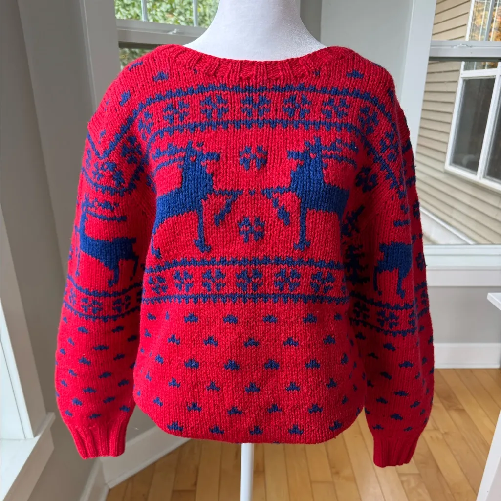 Vintage Hand Knit Wool Ralph Lauren Red Cobalt Blue Reindeer Sweater Sz Medium - Image 6