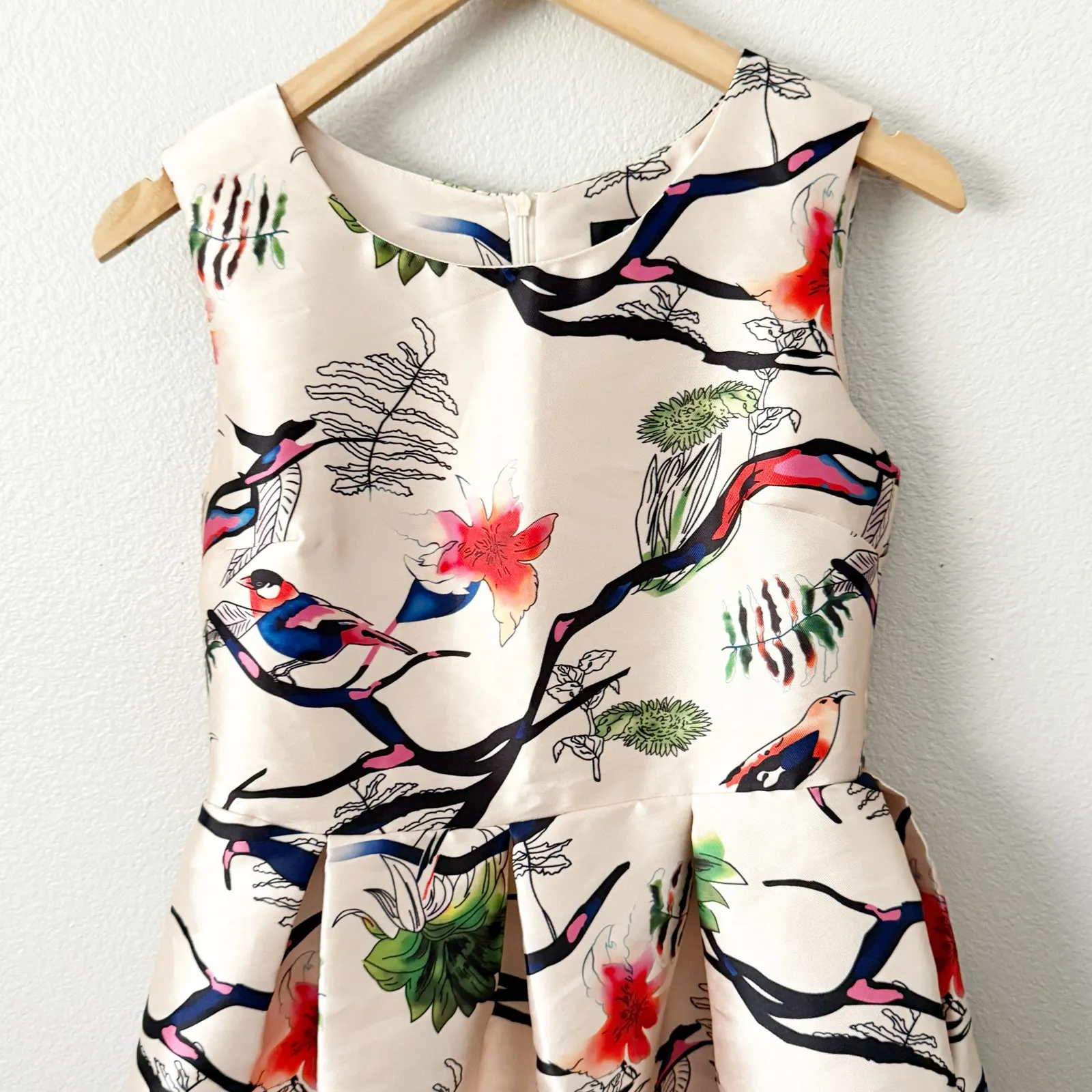 O&Y | Bird Print Box Pleat Pleating Dress High Neck Party Formal Gown | Medium - Image 2