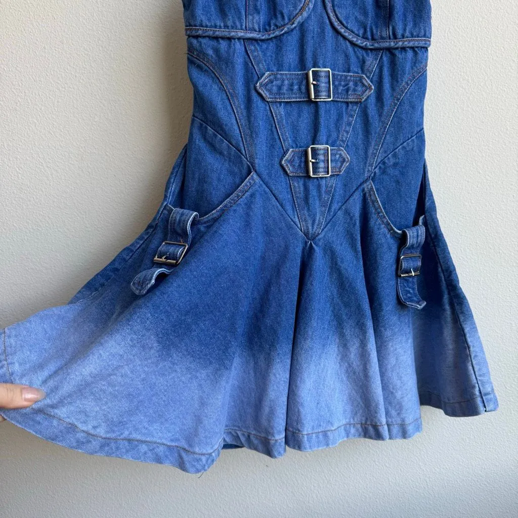 Y2K Denim Mini Dress with Buckle Straps Corset Bodice Grunge Festival Size XS Blue - Image 3