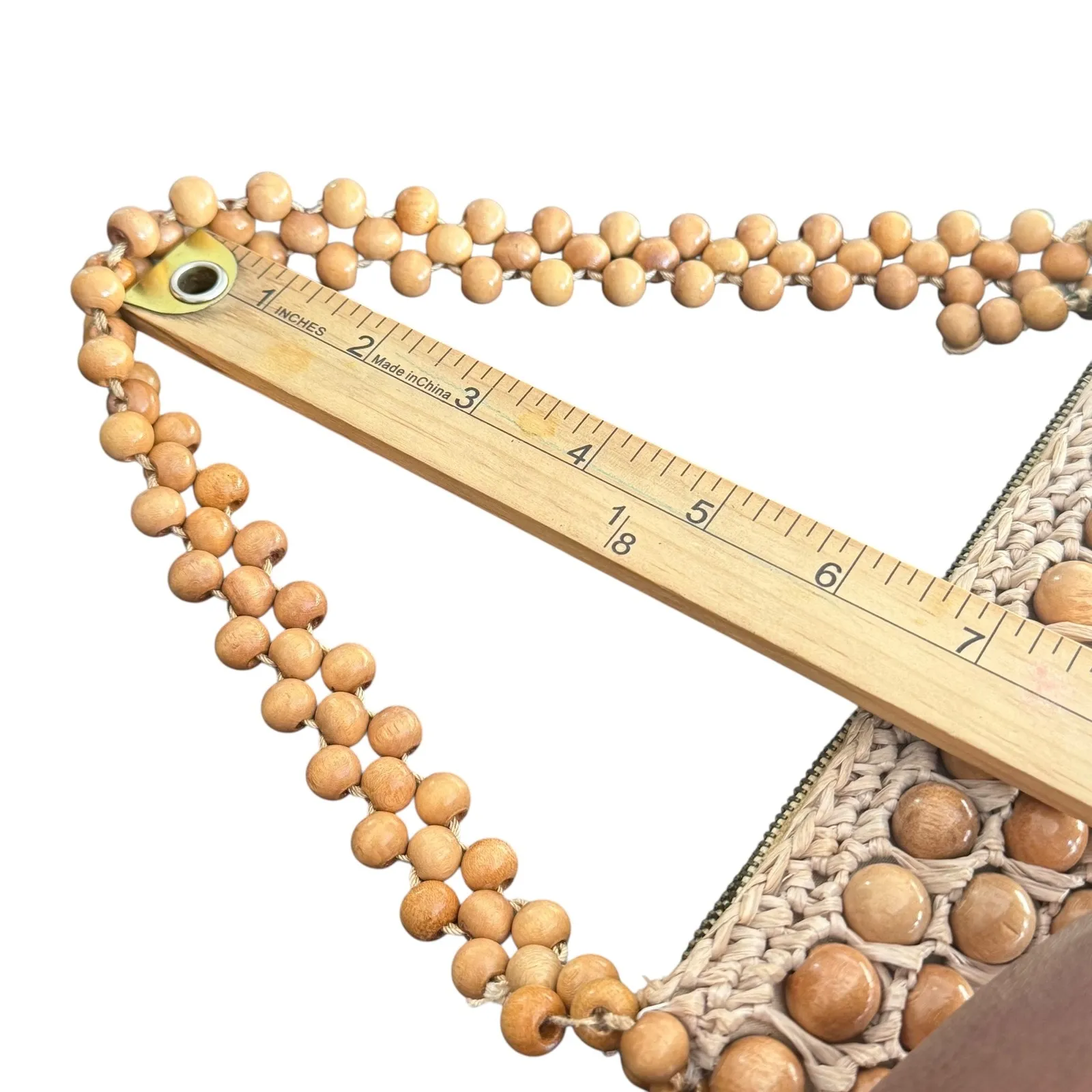 Vintage‎ Beaded Handbag Natural Wood Raffia Woven Made in Japan Brown BOHO Retro Tan - Image 11