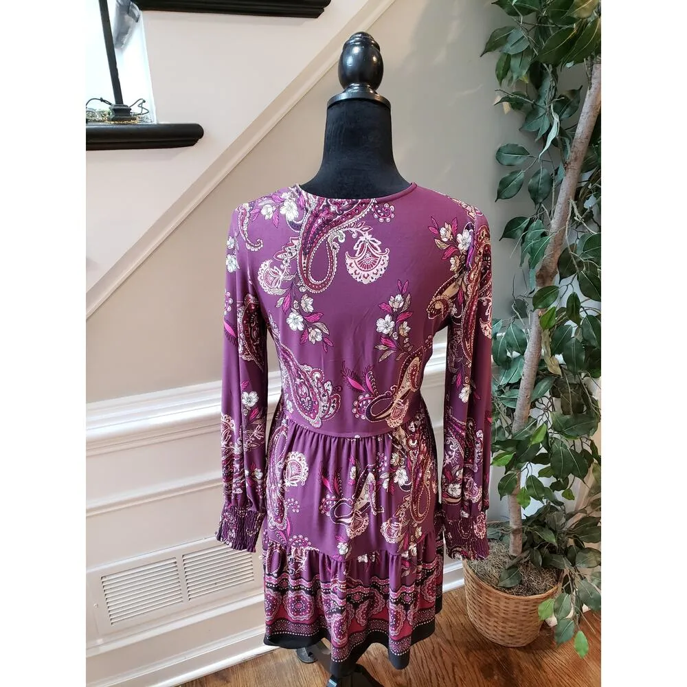 Venus Women's Size M Purple Paisley Print Belted Dress Polyester Spandex - Image 12