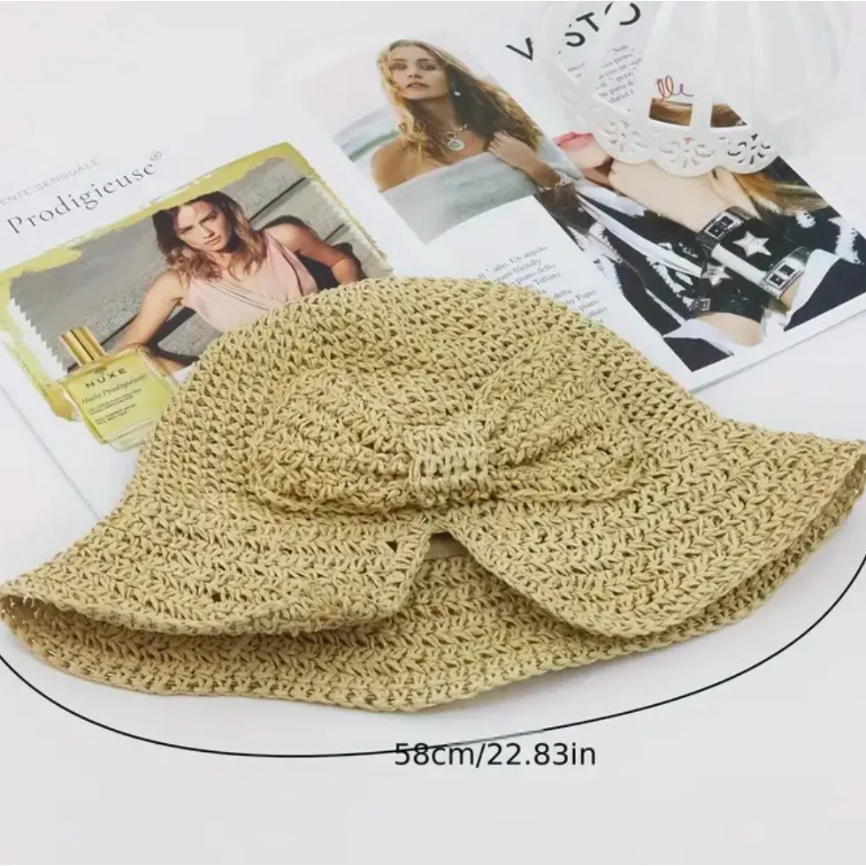 Women's Sun Hat With Bow, Summer StrawHat, Wide Brim With Elegant Beach Headwear Tan - Image 4