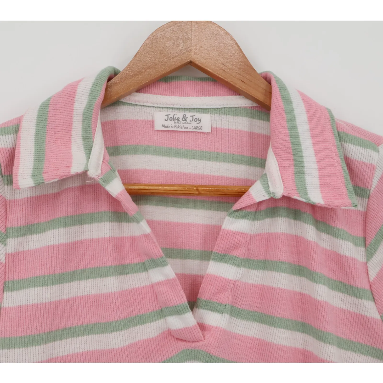 Y2K Preppy‎ Polo Crop Top Pink Green Striped Ribbed 90s Soft Girl Pastel Size L Size L - Image 8