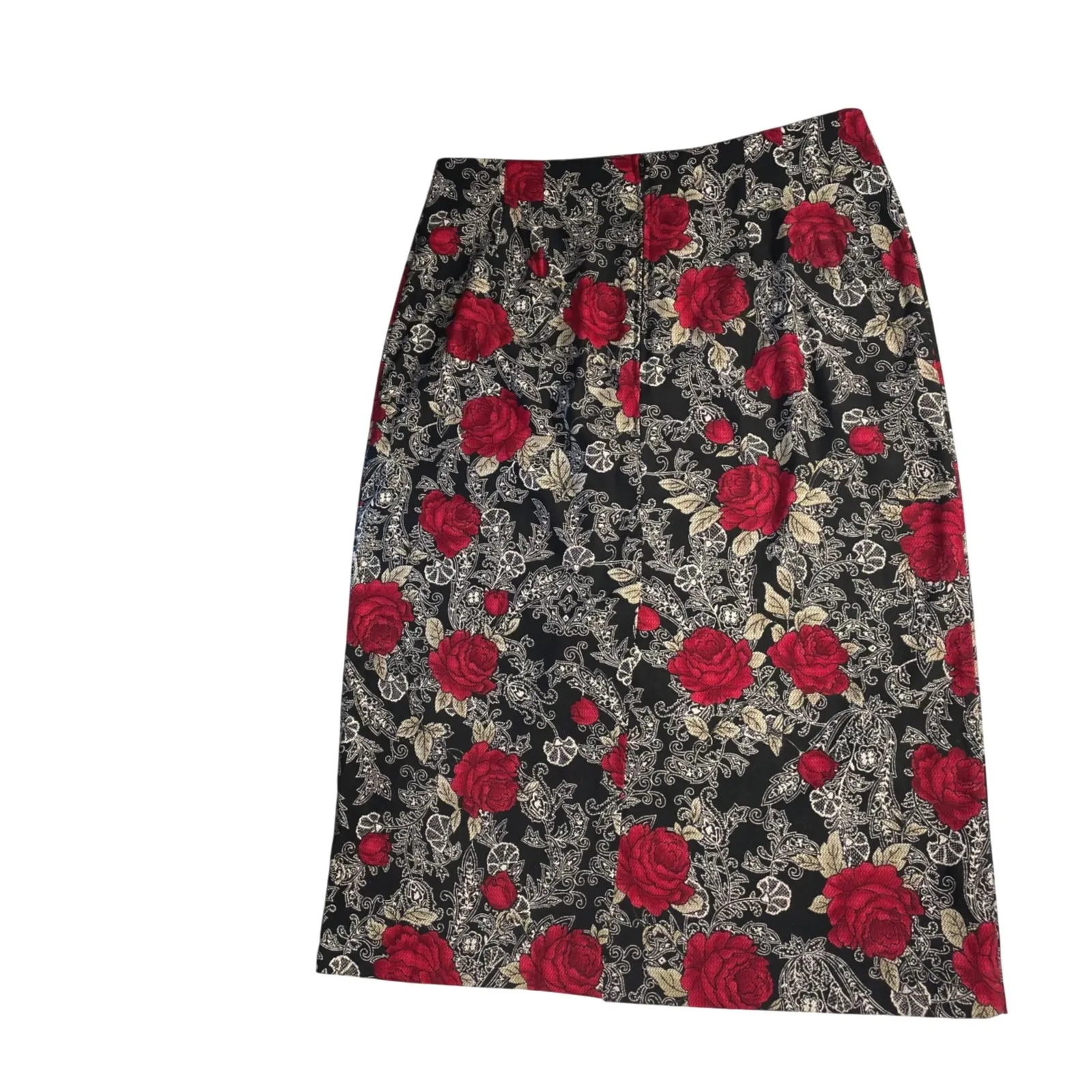 Vtg Briggs New York Skirt 14P Black‎ Red Rose Floral Print Midi Pencil 1990s Y2K - Image 6