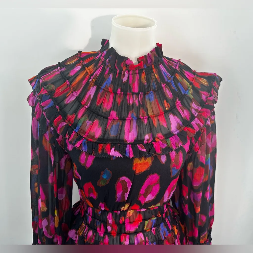 Farm Rio XS Iridescent Leopard Ruffled Mini Dress Black Pink  Tiered Long Sleeve - Image 6