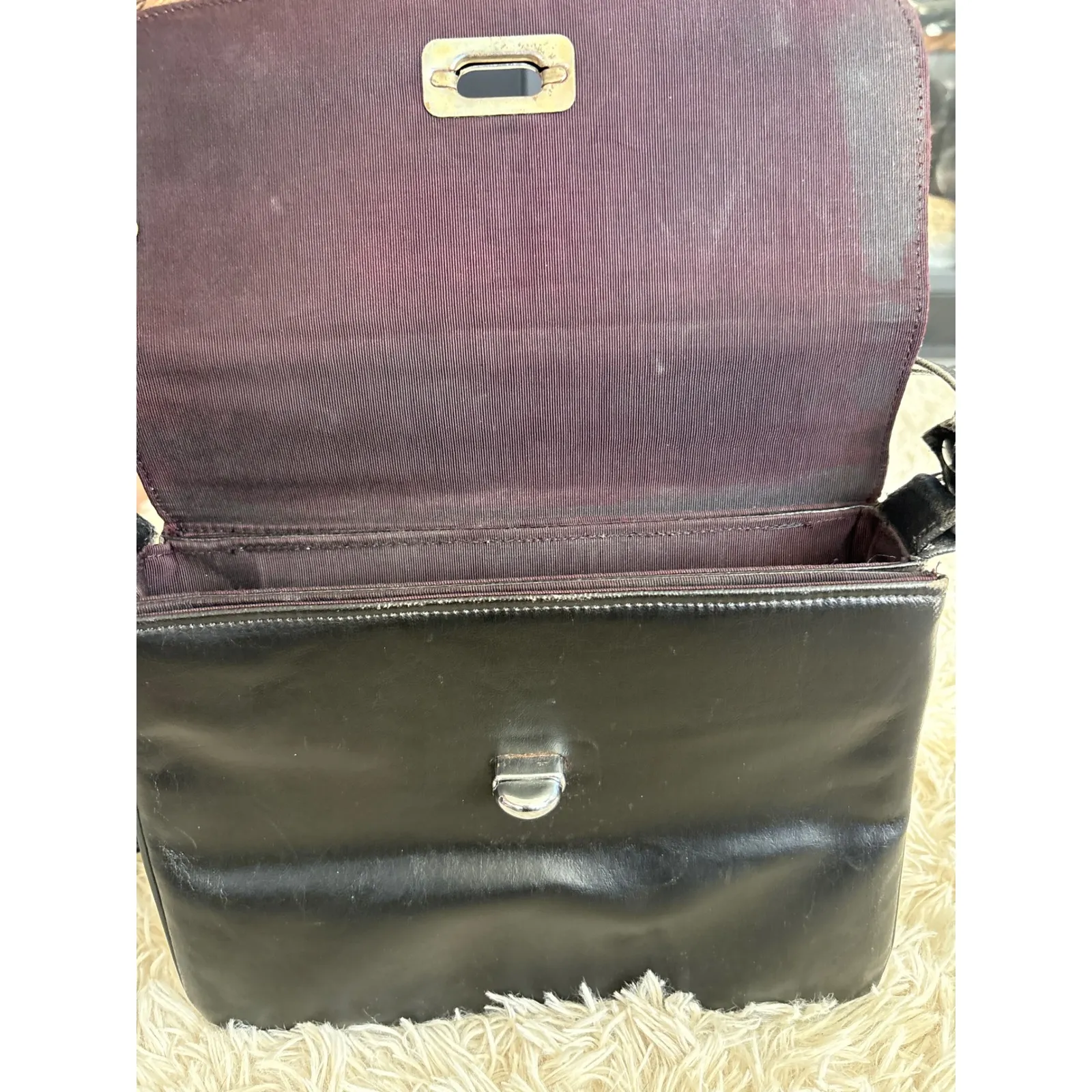 Vintage Black Leather Box Crossbody or Shoulder Bag Flap Close Silver Hardware - Image 6