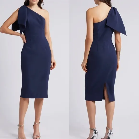 NWT Dress The Population Midnight Blue Tiffany One-Shoulder Midi Dress sz L - Image 2