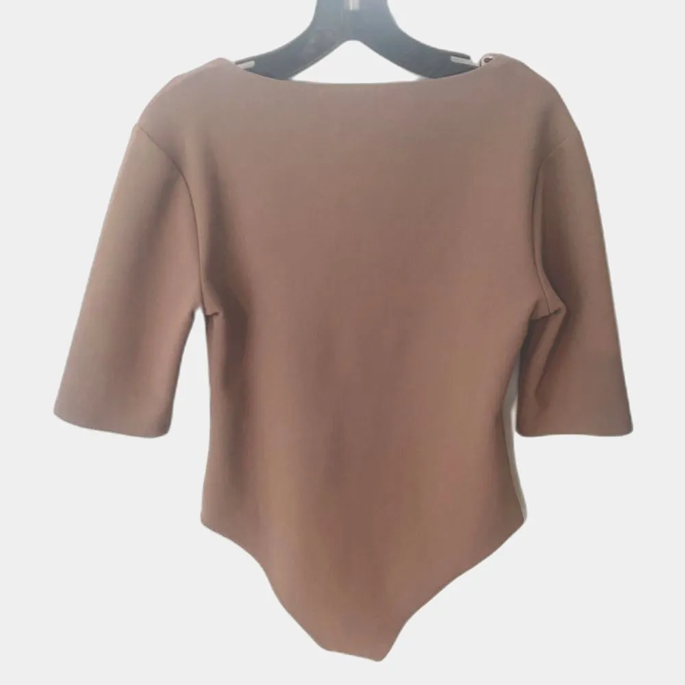ZARA NWT Limitless Contour Bodysuit Large L Half Sleeve V-Neck Mauve Nude Modern - Image 7