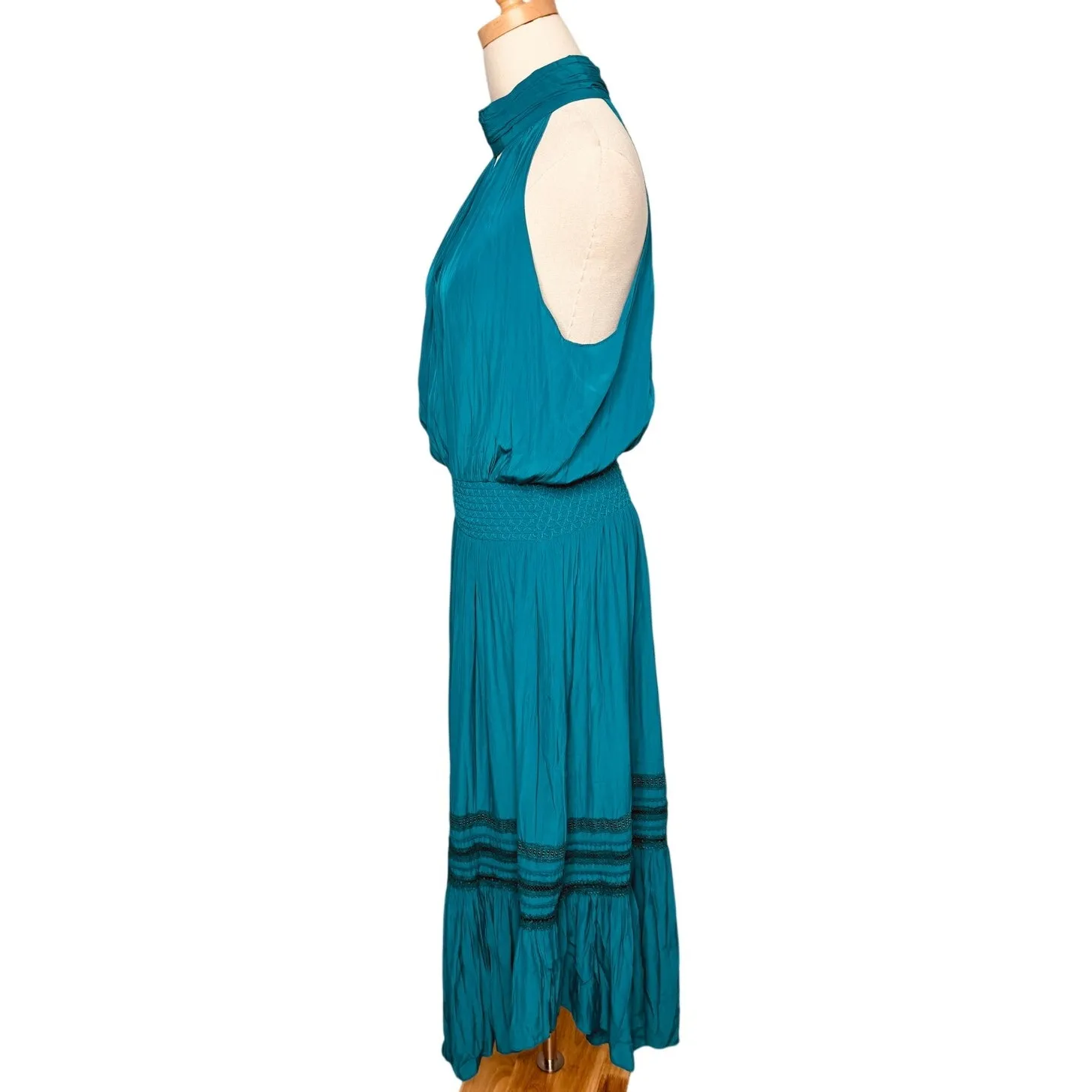 Ramy Brook Annette Halter Dress Petrol Teal Blue Green Smocked Waist Size L - Image 3