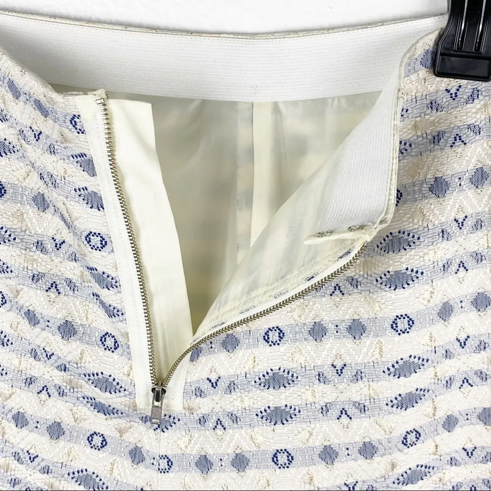 J. CREW Factory Cream Blue Metallic Jacquard Flare Patterned A Line Skirt Size 8 - Image 6