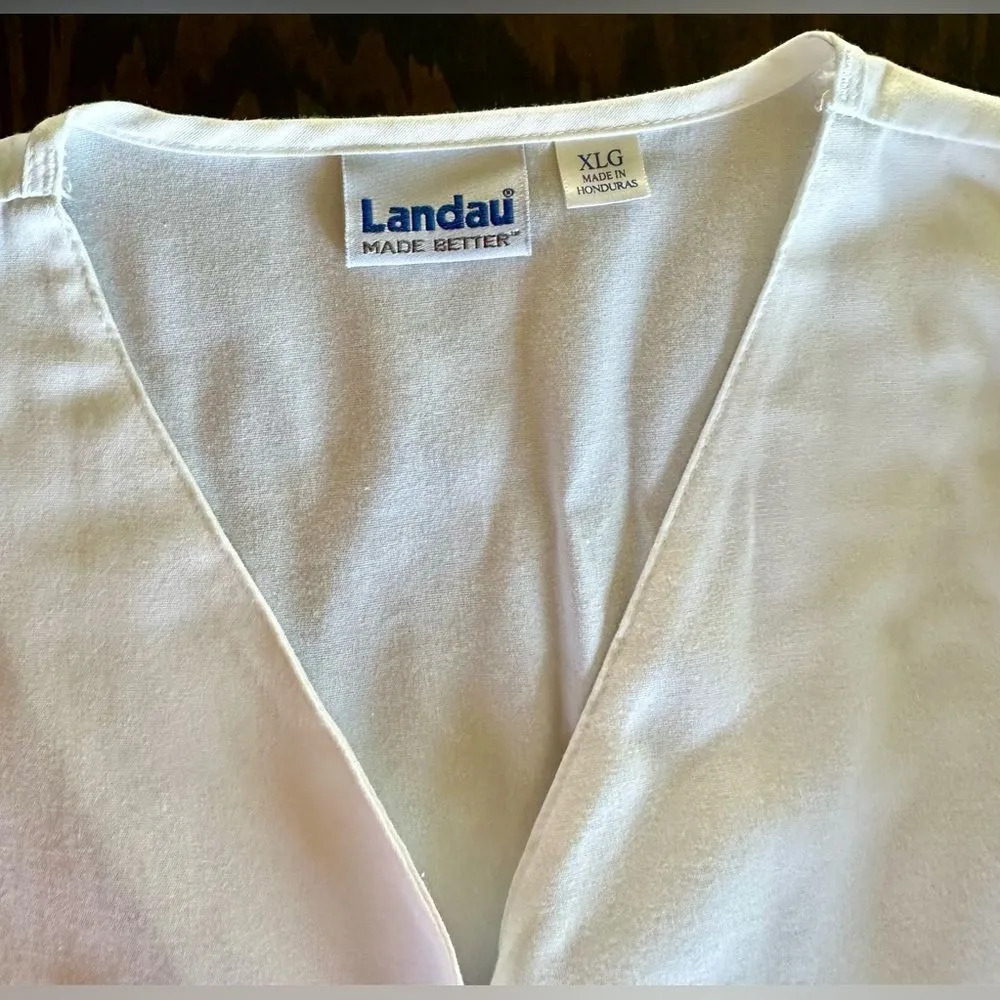 Landau Scrub Warm Up Jacket White 3/4 Sleeve Button Front (390) Size XL - Image 3