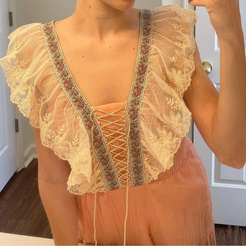 Vintage Vicky Vaughn Peasant Prairie Maxi Dress Sz M/L Lace Shoulder Pink Size M - Image 4