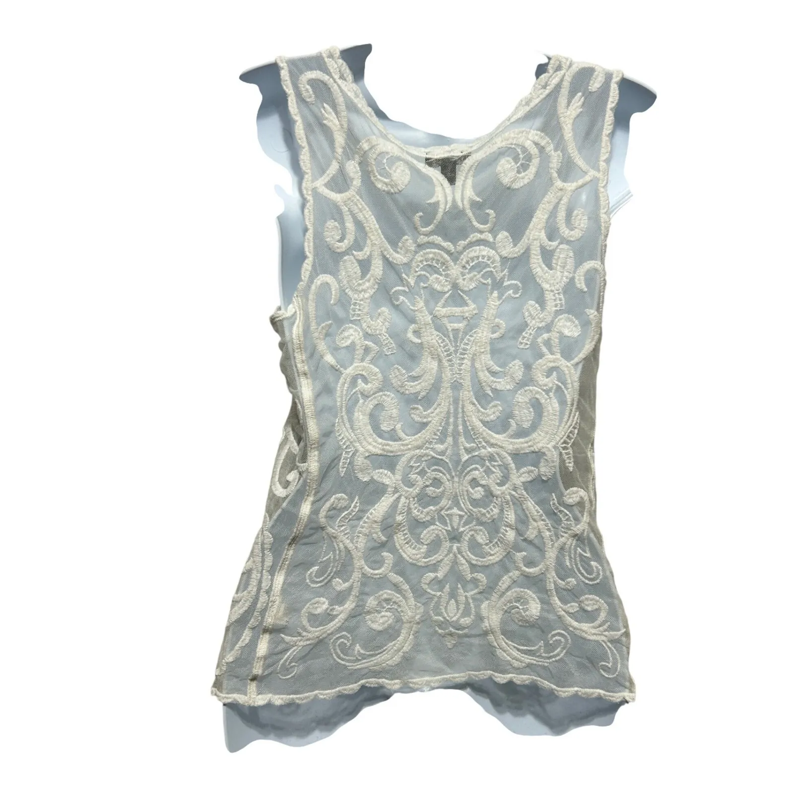 Express Women Tank Top XS Ivory Embroidered Mesh Lace Sheer Romantic Coquette - Image 2