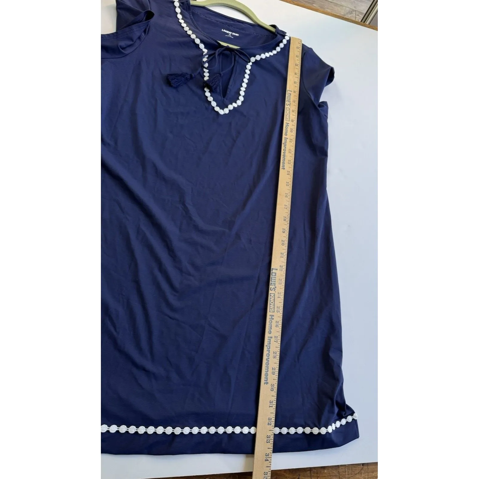 Lands End Dress Women's Medium Shift Blue crochet detail V - Image 9