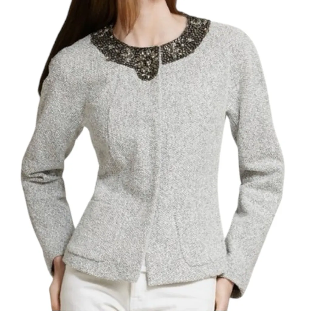 Lafayette 148 New York Size 8 Black White Tweed Boucle Embellished Neck Jacket - Image 7