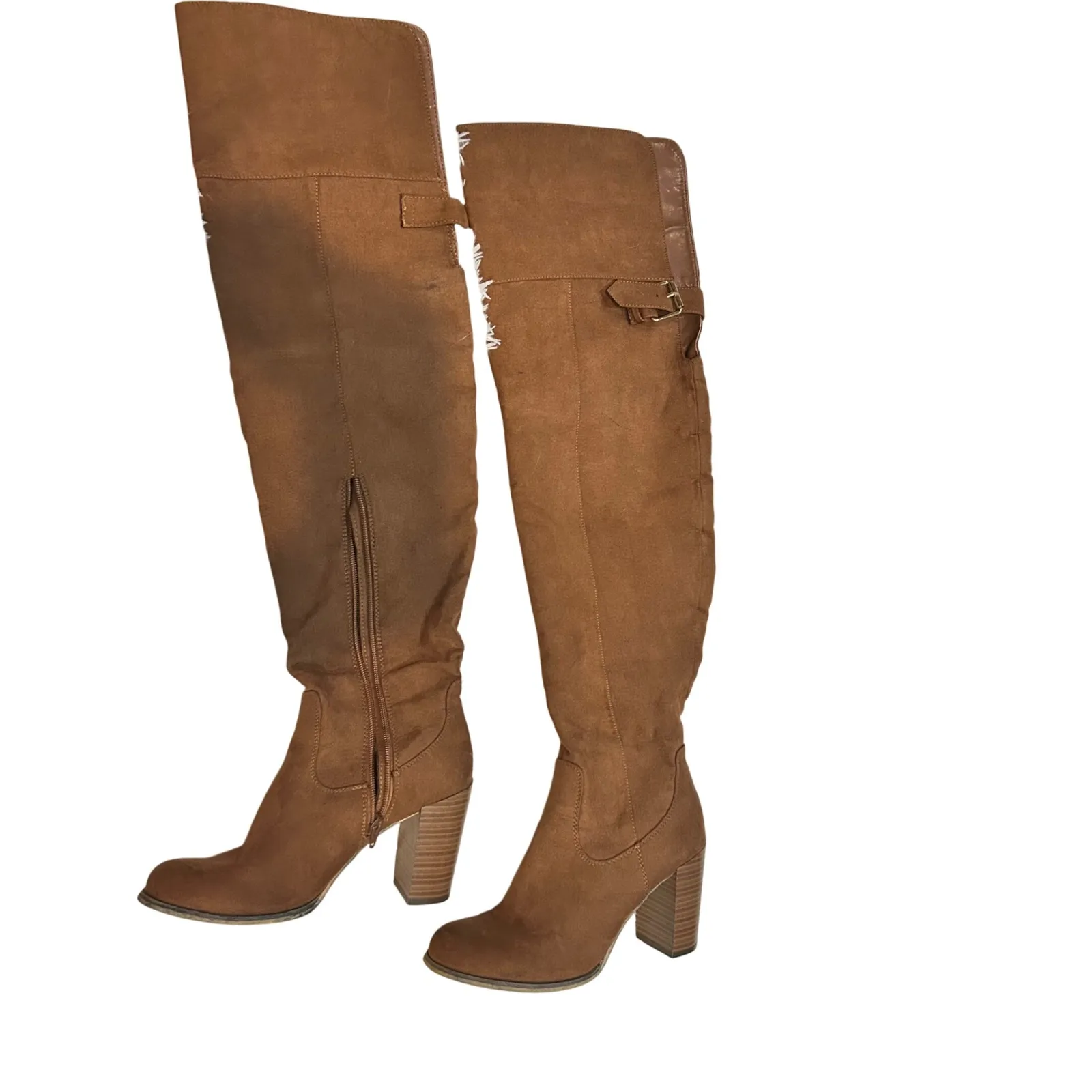 Over the Knee High Heel Boots Brown Faux Suede Tie Back Women's Shoes‎ 6.5 - Image 2