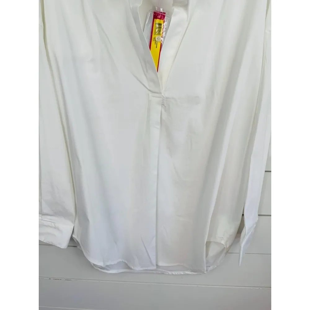 CATHERINE MALANDRINO Womens Sz XS Classic White Collared V Neck Long Sleeve Top - Image 4