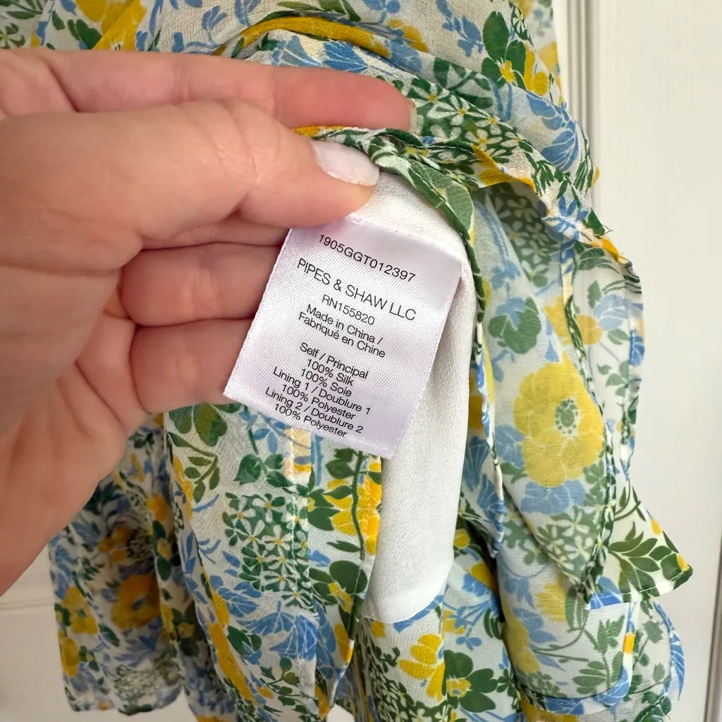 Veronica Beard Ruched Floral Silk Chiffon Mini Long Sleeve Dress 6 Yellow Blue - Image 8