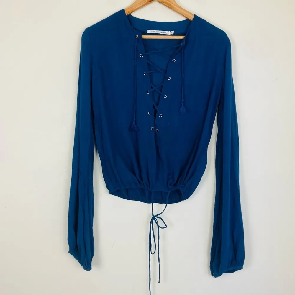 Faithfull the brand navy blue Shrimpton lace up, drawstring waist shirt. Small - Image 2