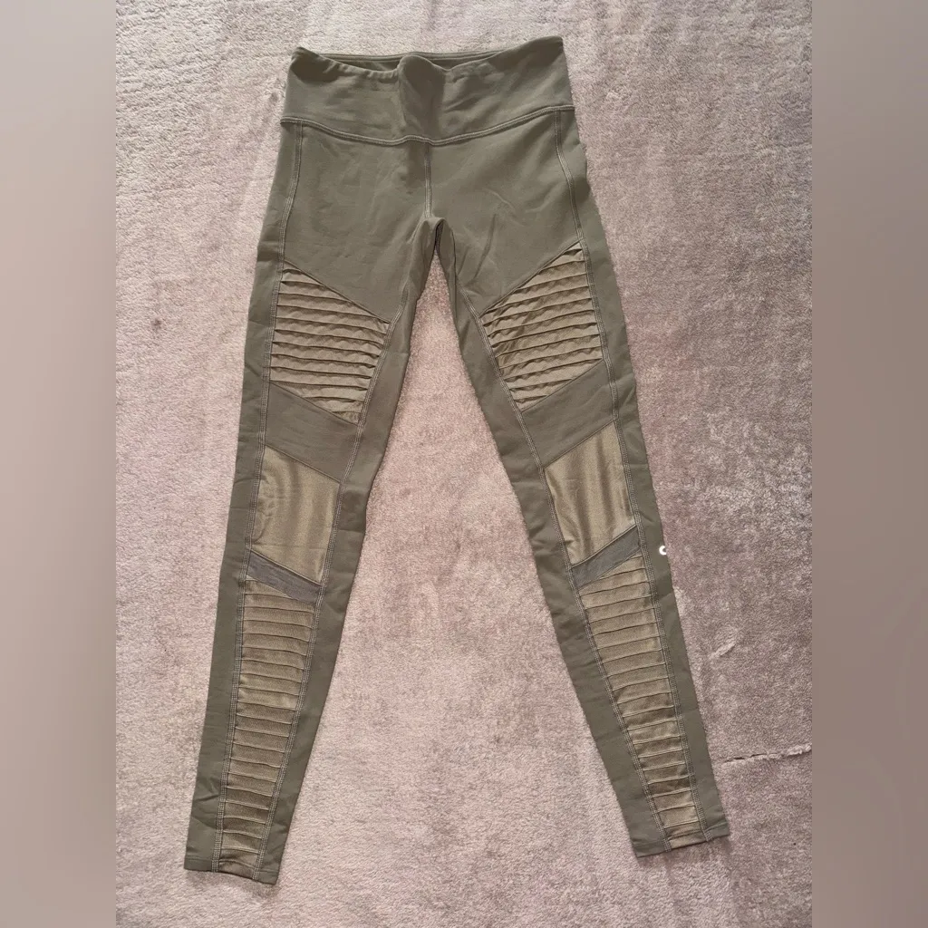 Alo High Waist Moto Leggings Textured‎ Ribbed Knit Mesh Panels beige Sz S - Image 3