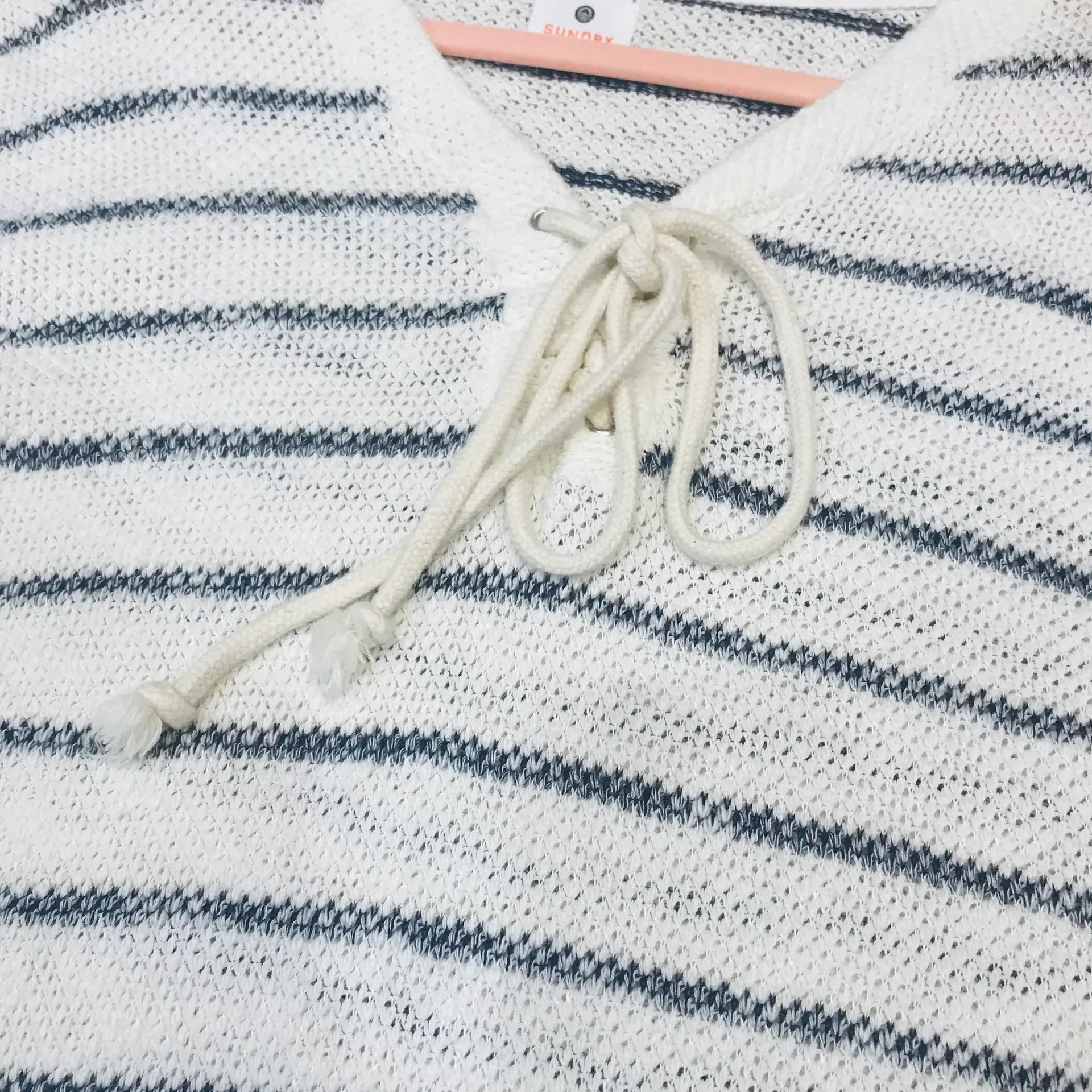 Striped Lace Up Sweater Natural White navy blue Size 1 small. - Image 8