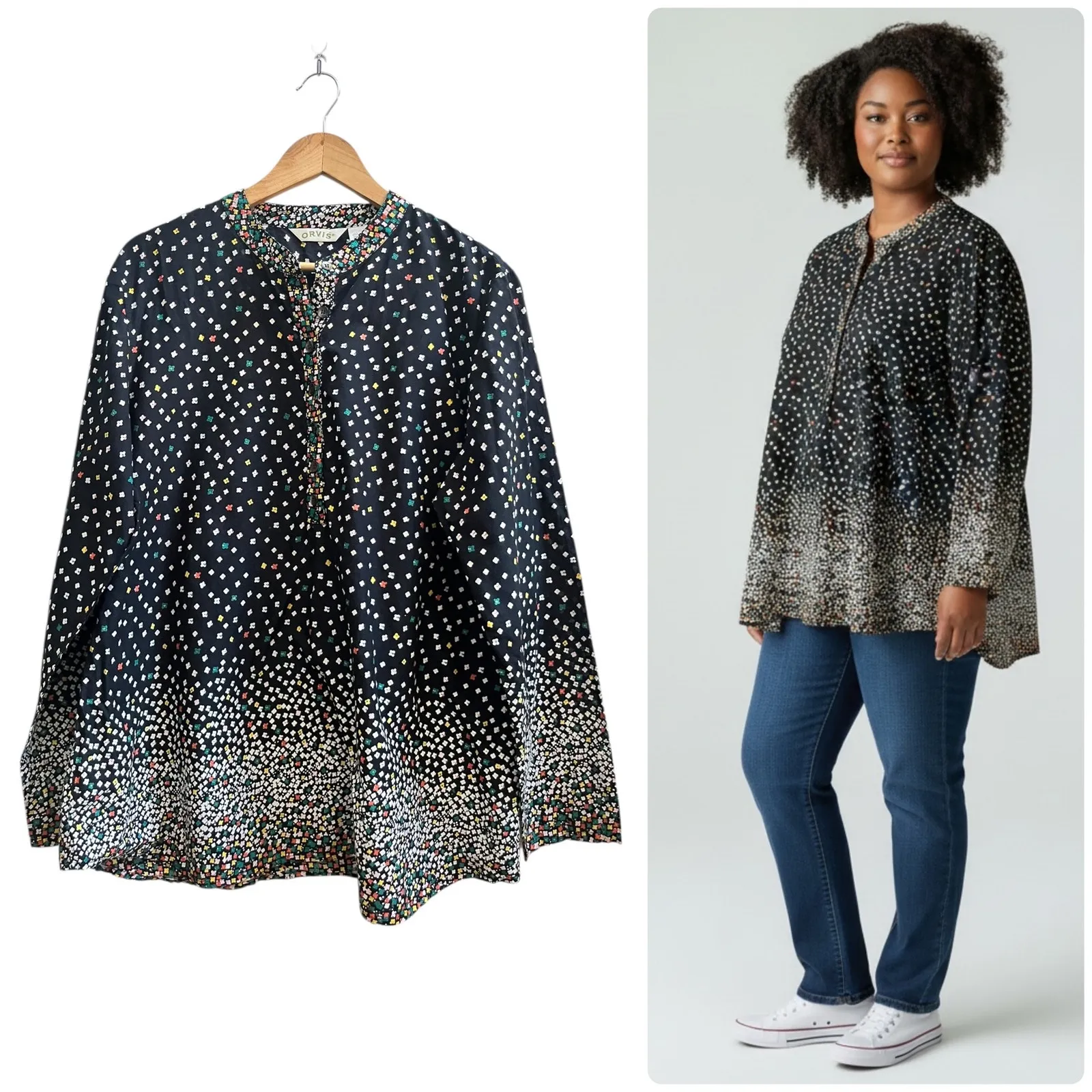 Orvis Multicolored Geometric Print Button Placket Popover Blouse XL Lightweight - Image 3