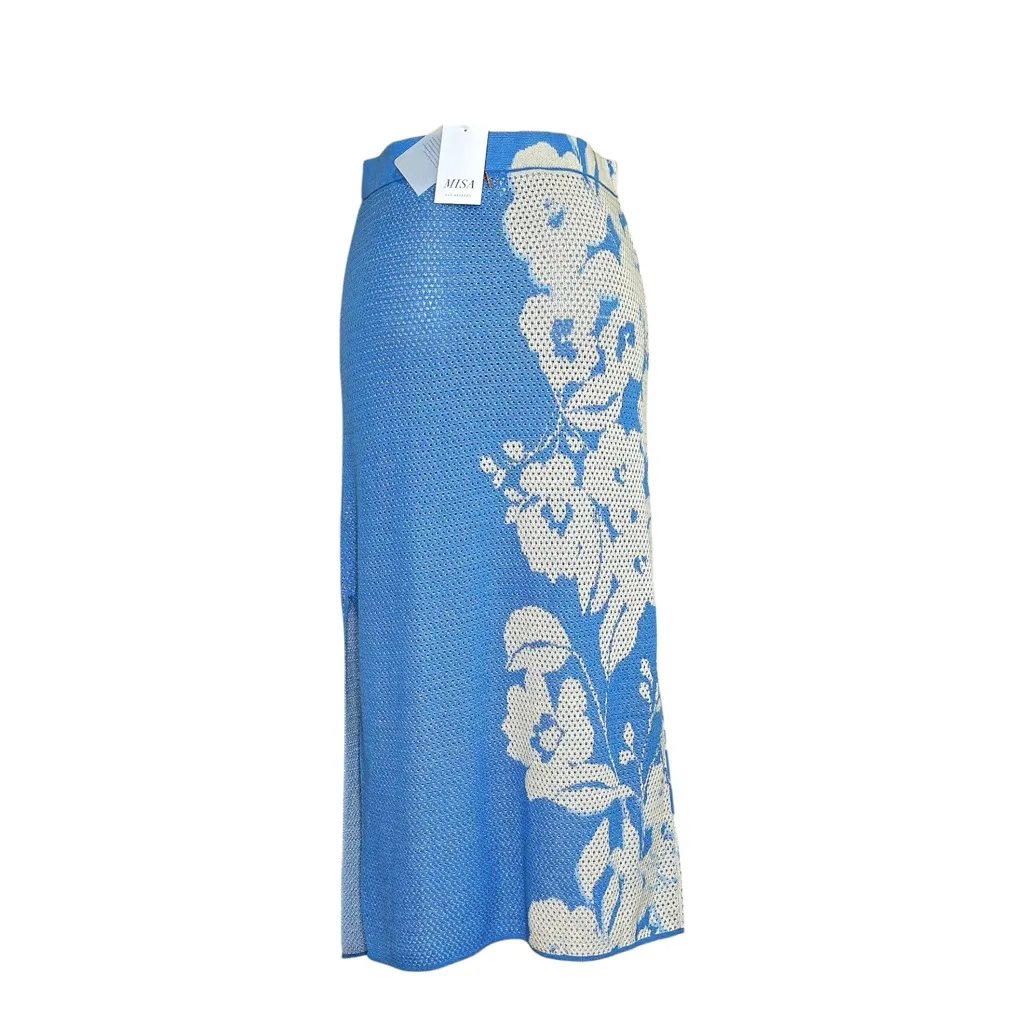 MISA LOS ANGELES Dara Knit Midi Skirt, Blue Hibiscus Floral, Large - Image 7