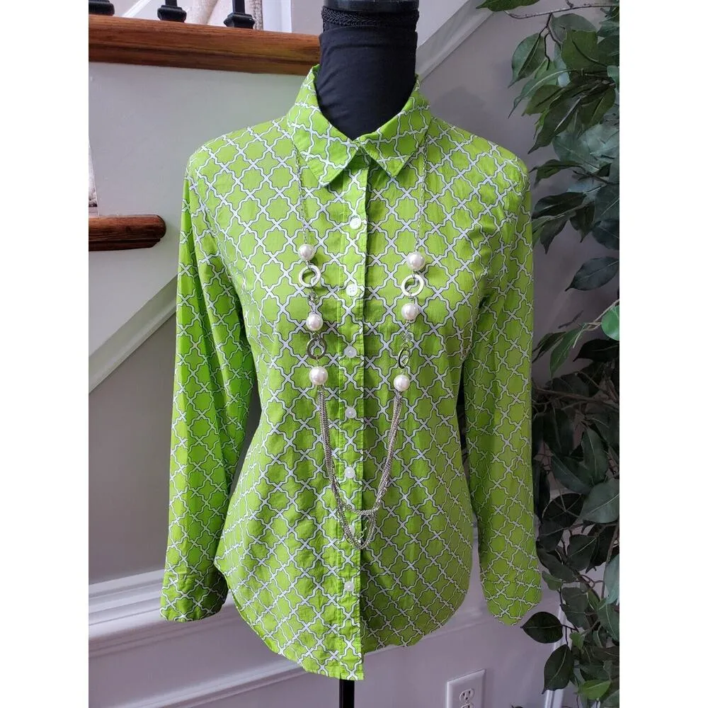 Crown & Ivy Women Green Cotton Long Sleeve Collared Button Down Shirt Size Small - Image 2