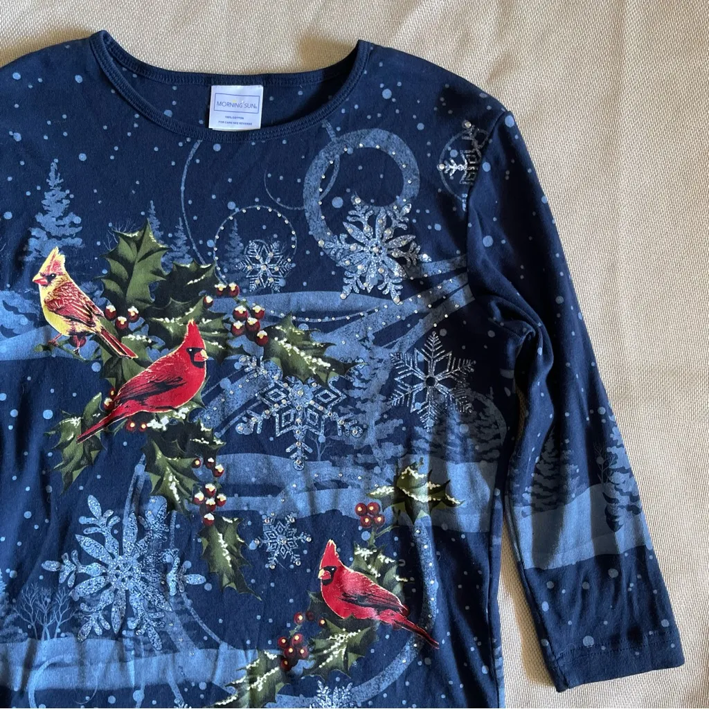 Morning Sun Christmas Cardinal Shirt Small Winter Holiday Snowflake Cotton Blue - Image 3