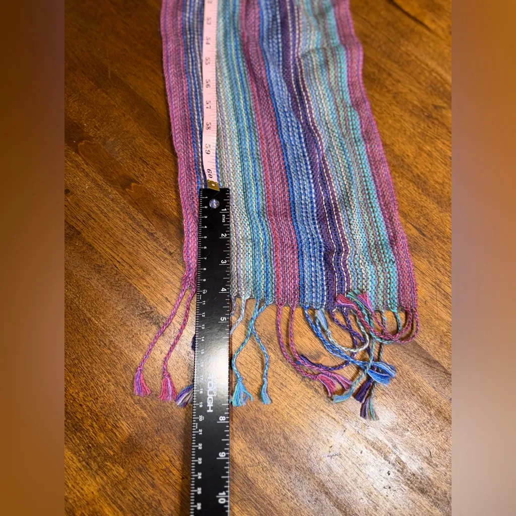 Vintage Melman Alpaca Wool Scarf Boho Pastel Rainbow Striped Fringe Bohemian Blue - Image 4