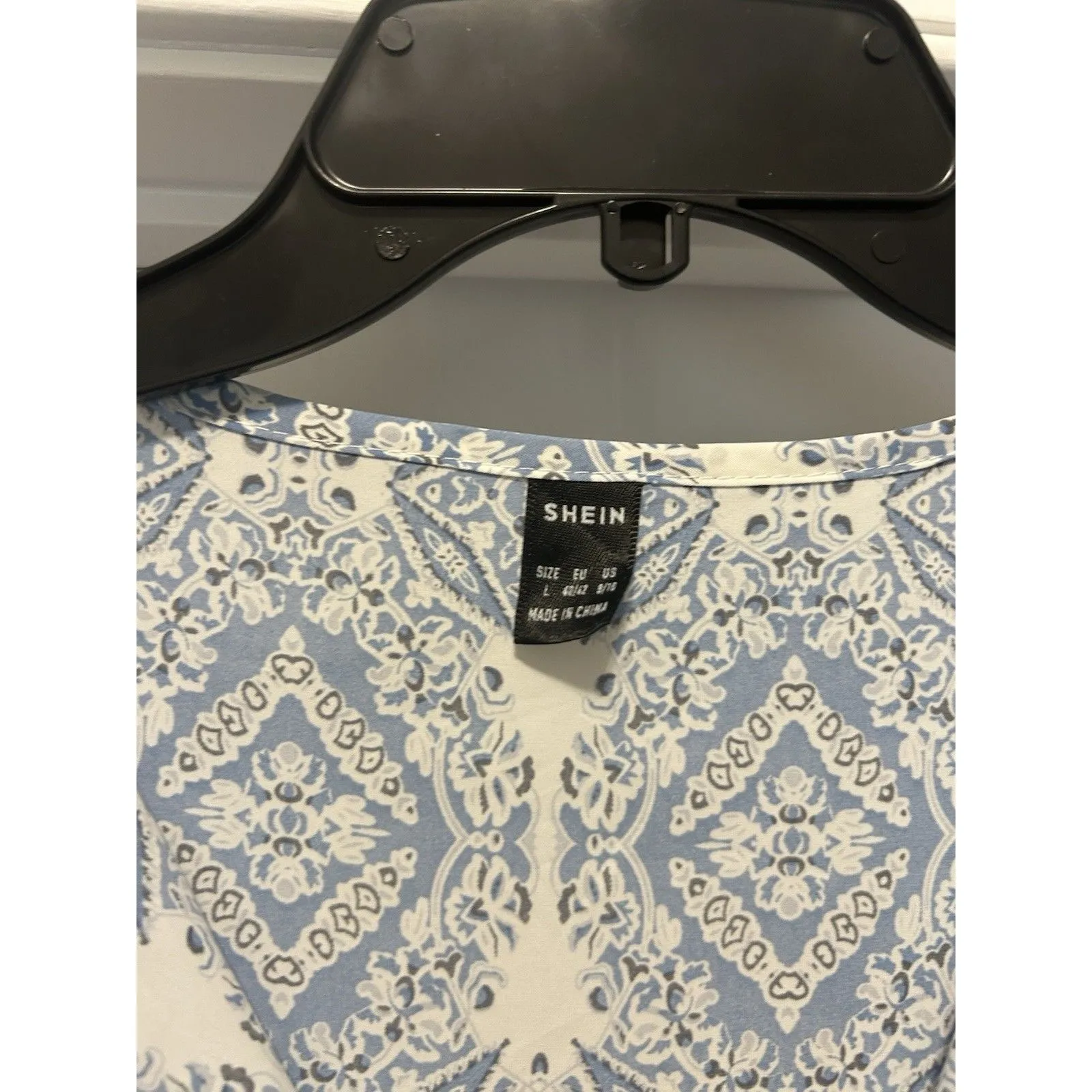 WOMEN'S BLUE & WHITE PRINT EMPIRE WAIST CASUAL PULLOVER LIGHTWEIGHT DRESS SZ LG - Image 3