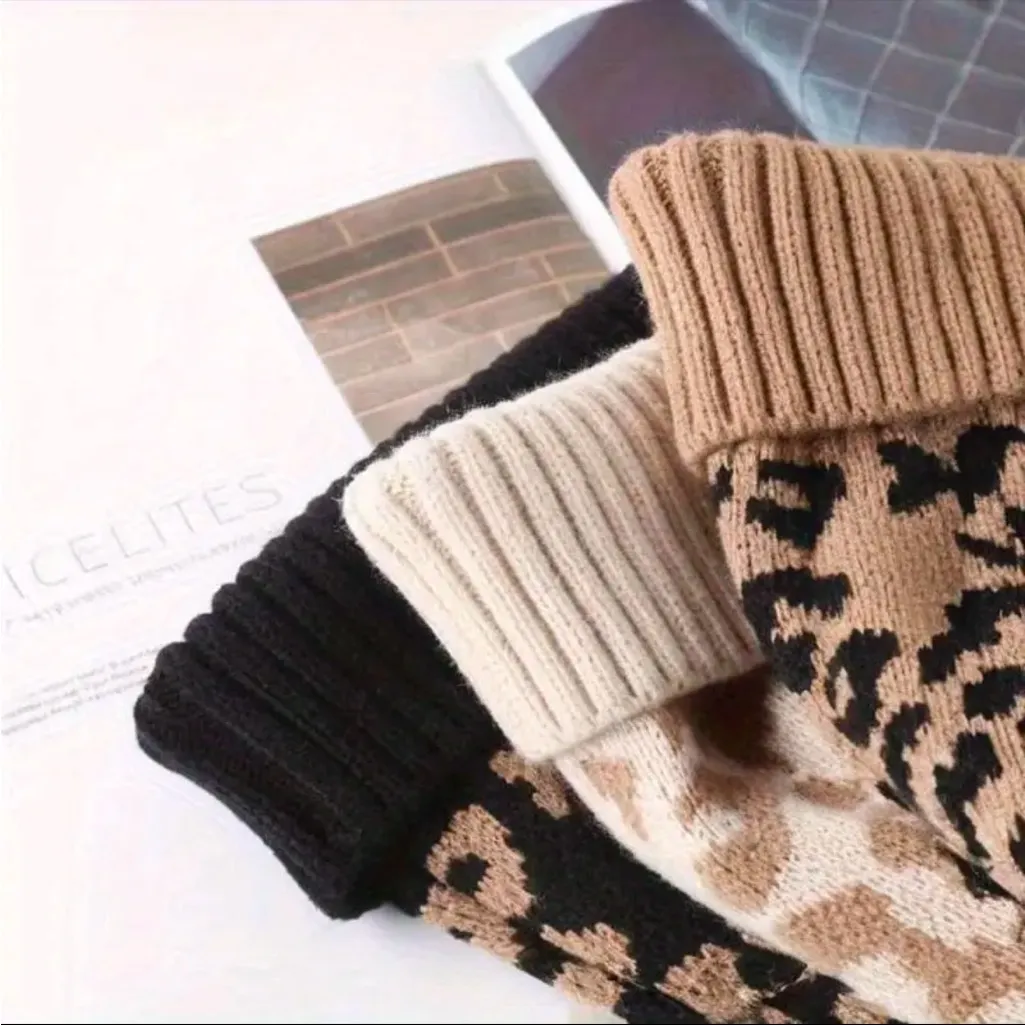 Leopard Print Knit Beanie with Faux Fur Pom Neutral Tan Winter Hat NWT - Image 6
