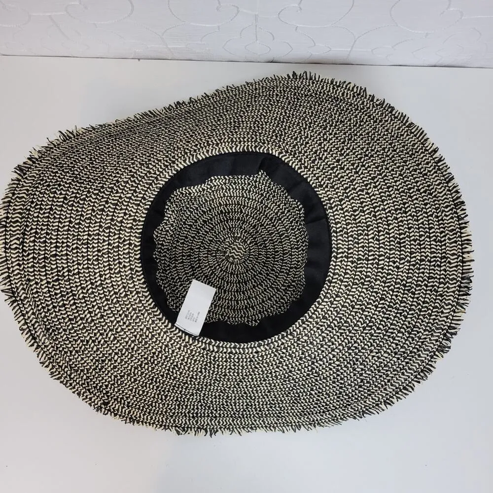 Womens Beach Hat One Size Black Tan Straw Wide Brim Fringe Summer Beach Sun Hat - Image 2