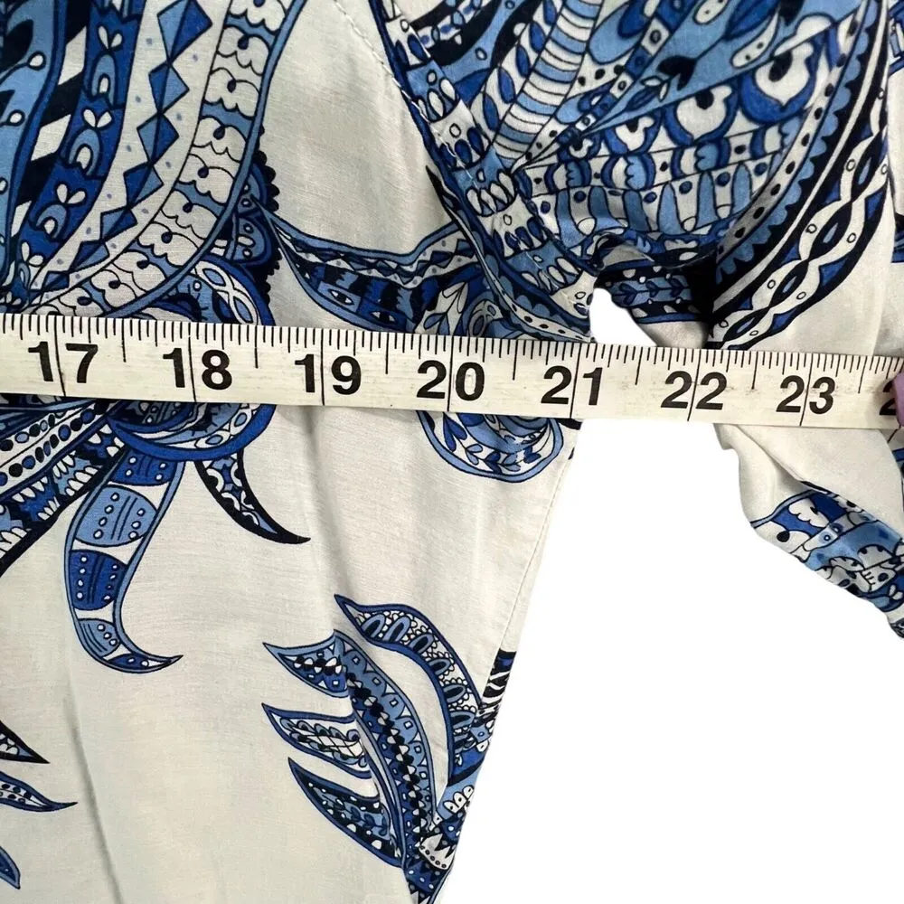 Chicos Blouse Womens US M Blue White Paisley Cotton Silk Button 3/4 Retro Boho - Image 6