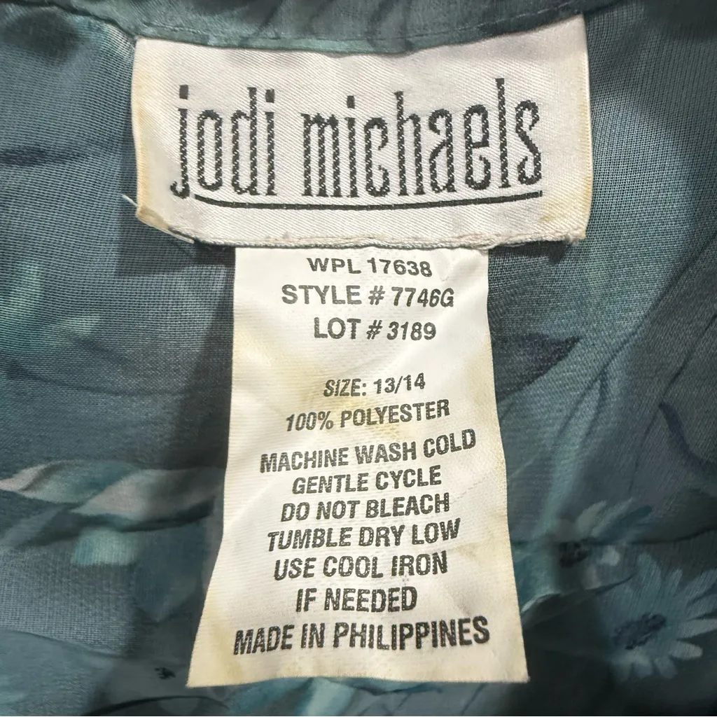 Jodi Michaels Blue Floral Maxi Dress w/Sheer Short Sleeve Cover, Size 13/14 Green - Image 6