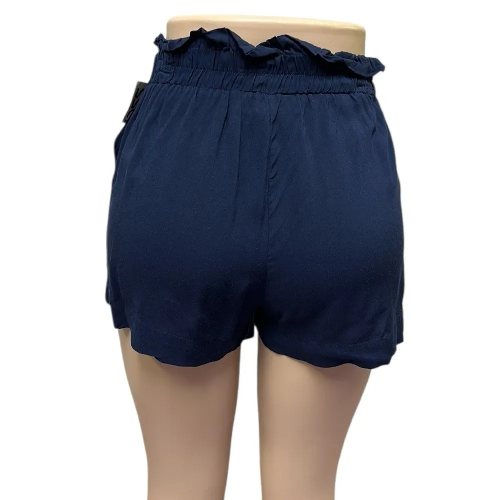 Ambiance Navy High Elastic and Tie Waist Pleated Paper Bag Pocket Shorts Small Blue - Image 8