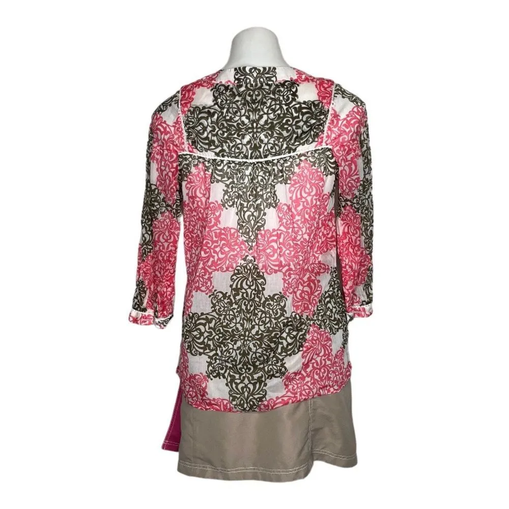 MILLY Of New York Popover Blouse Pink Brown Semi Sheer Print Peasant Top Size 6 - Image 2