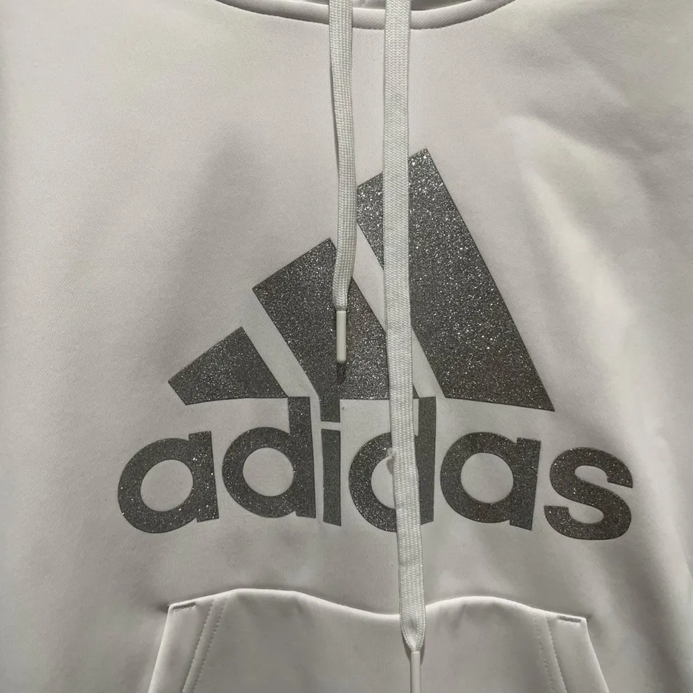 Adidas Fleece Lined Hoodie Sweatshirt Glitter Logo White and Silver Women’s XL - Image 5
