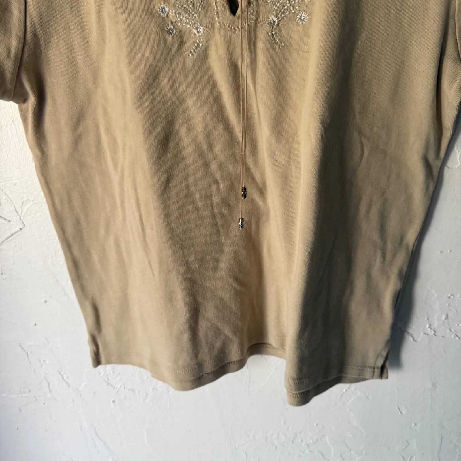 Pierre Cardin Y2k Womens Lace Up Neck‎ Embellished Cotton Top Large Boho Cottage - Image 5