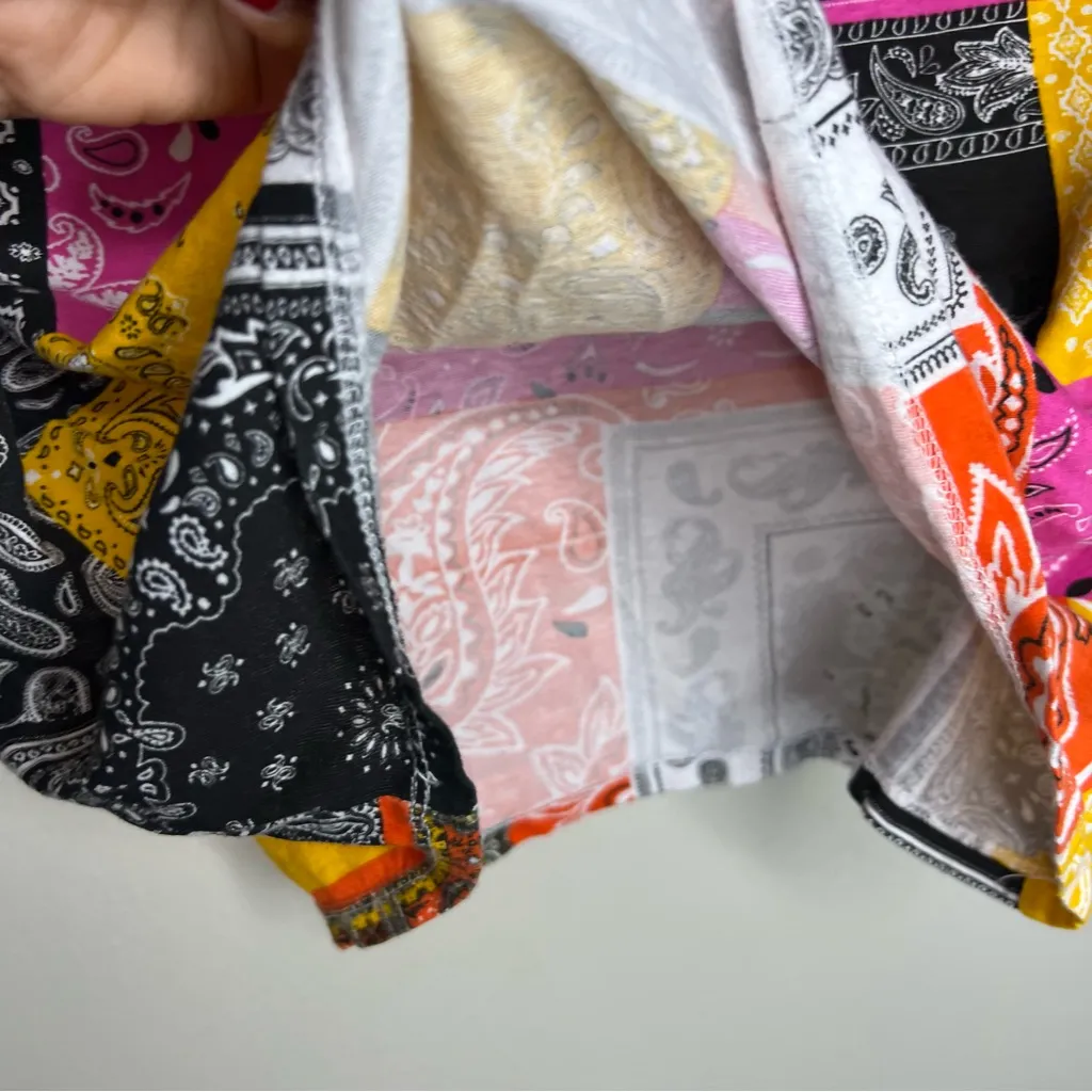Zara Multicolor Patchwork Paisley Color Block Short Sleeve Boxy Cropped Tee S - Image 6