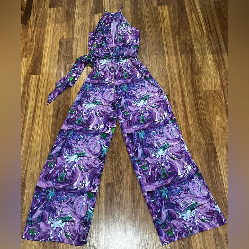 Kareno Halter Neck Wide Leg Jumpsuit purple and green marble print Size S - Image 3